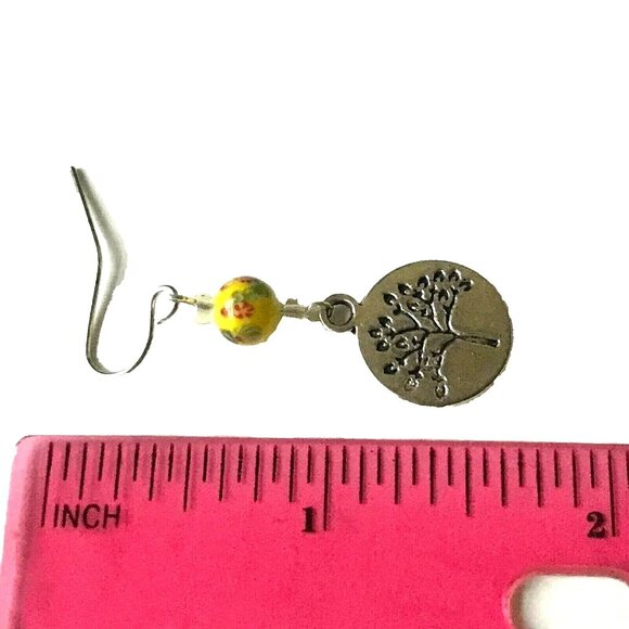 Vintage Tree of Life Murano Art Glass Bead Earrings Yellow Red Silver Plated - Picture 8 of 10